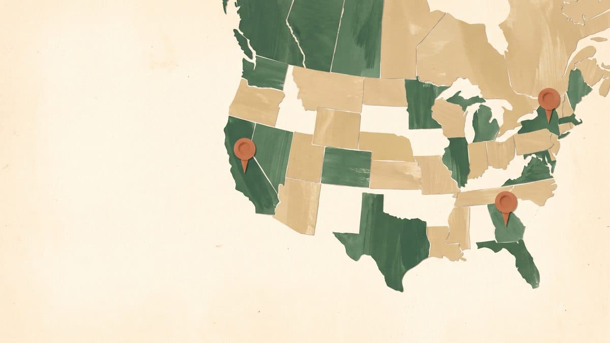 Paper-cut illustration of a map of the United States with map pins in three states