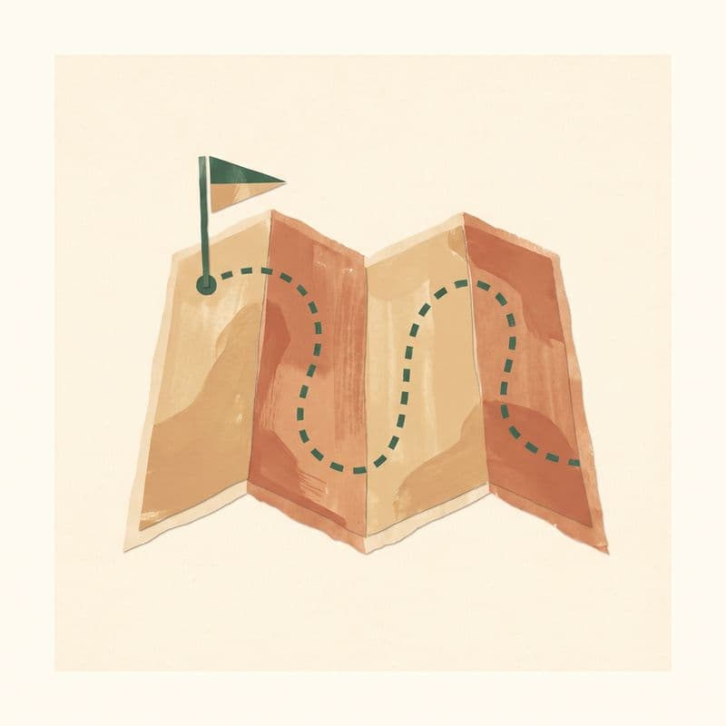 Paper-cut illustration of a folded map with a dotted route and a small start flag