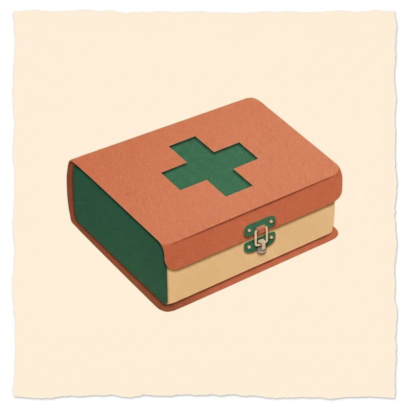 Paper-cut illustration of a small terracotta first-aid box with a plain cross on the lid