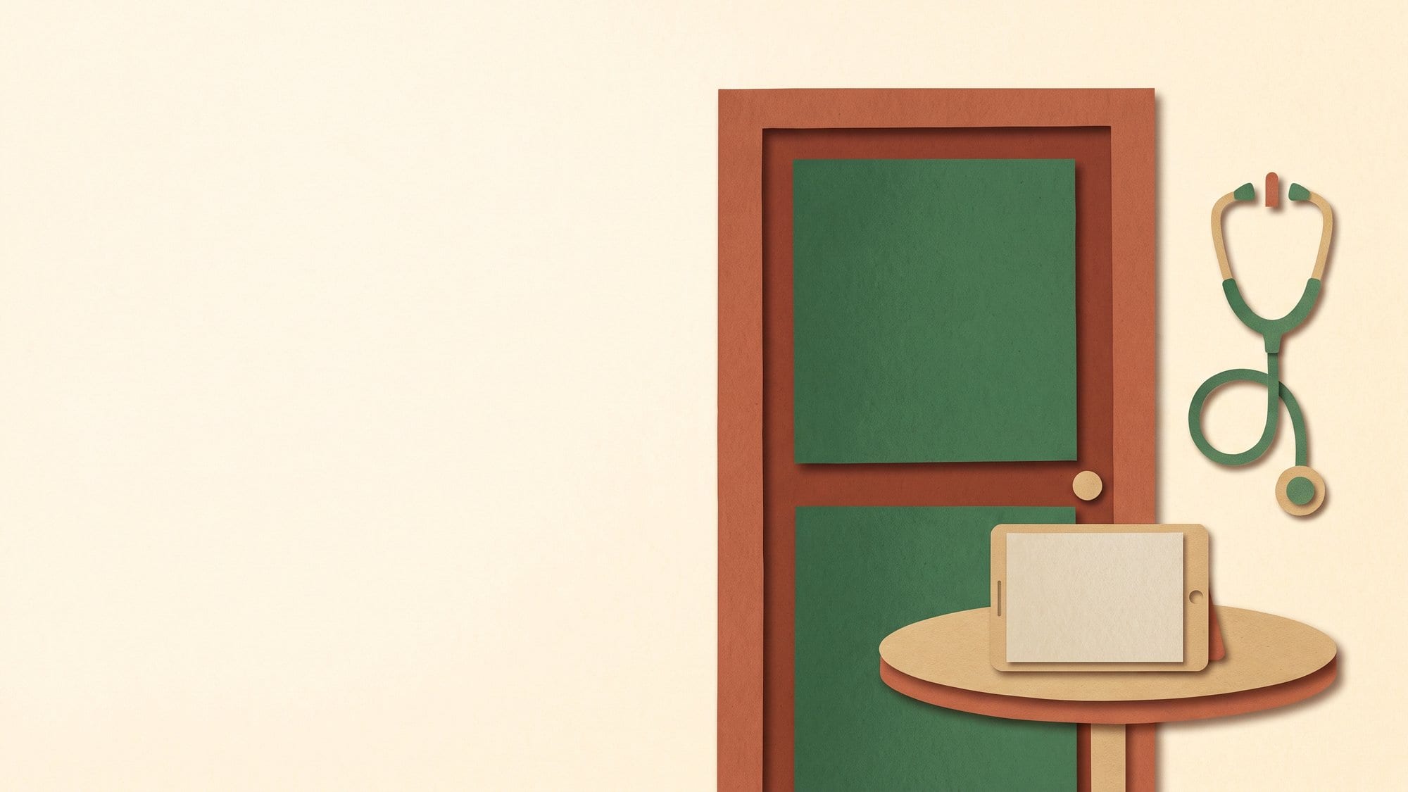Paper-cut illustration of a clinic doorway with a stethoscope hanging beside it and a tablet on a small table